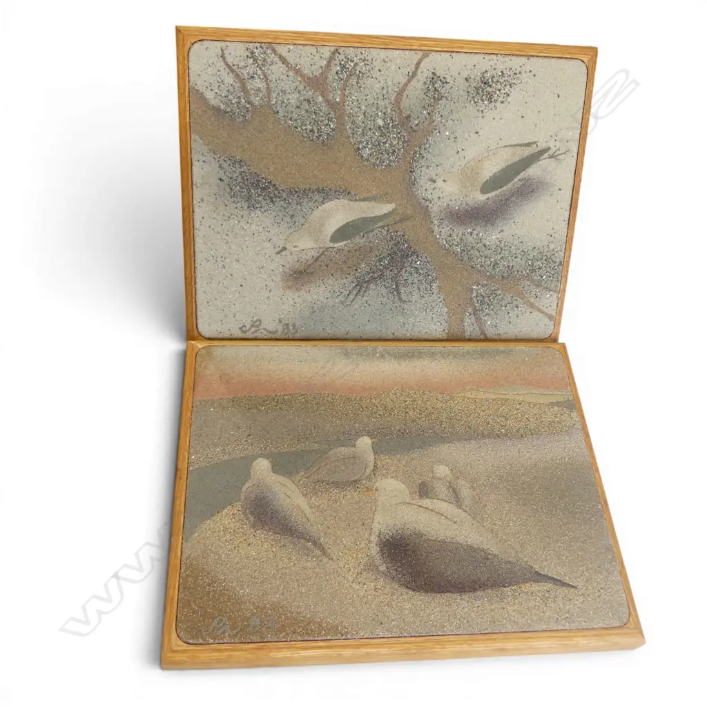 2 UNTITLED WORKS, SEAGULLS, SAND ON BOARD, ARTIST SIGNATURE INDISTINCT, 330x430mm Image 1++