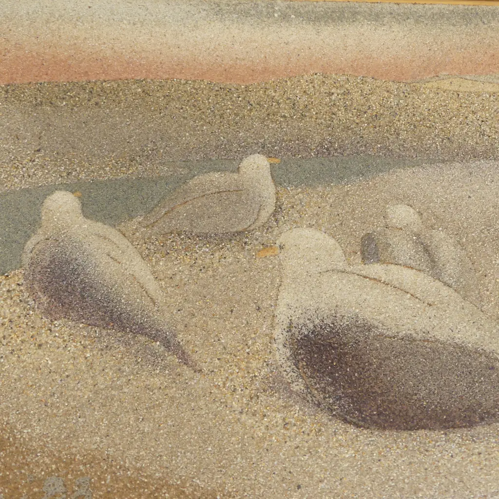 2 UNTITLED WORKS, SEAGULLS, SAND ON BOARD, ARTIST SIGNATURE INDISTINCT, 330x430mm Image 1++