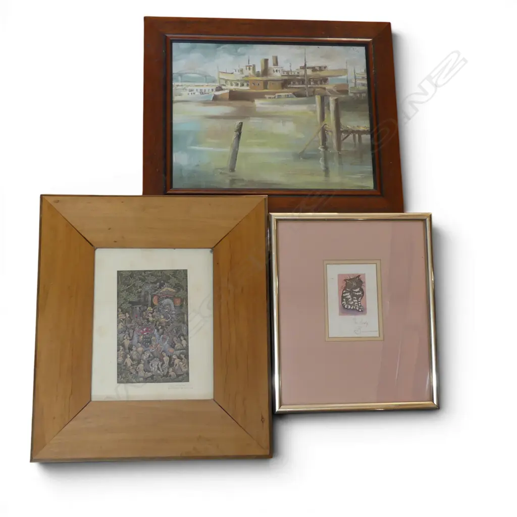 3 ARTWORKS, KAREL BURROWS 'LONELY' 43/80 115x80mm, AUCKLAND HARBOUR OIL SIGNED, BALINESE ARTWORK 175x110mm Image 1++