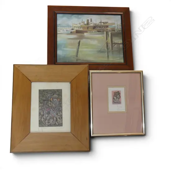 3 ARTWORKS, KAREL BURROWS 'LONELY' 43/80 115x80mm, AUCKLAND HARBOUR OIL SIGNED, BALINESE ARTWORK 175x110mm
