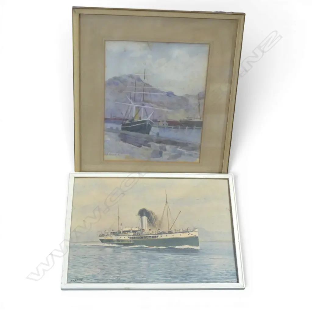 H. N. HAWKER, ANTARTIC SHIP NIMROD AT LYTTELTON, WC 275x215mm FOXING + PRINT OF PADDLE STEAMER WAKATERE Image 1++