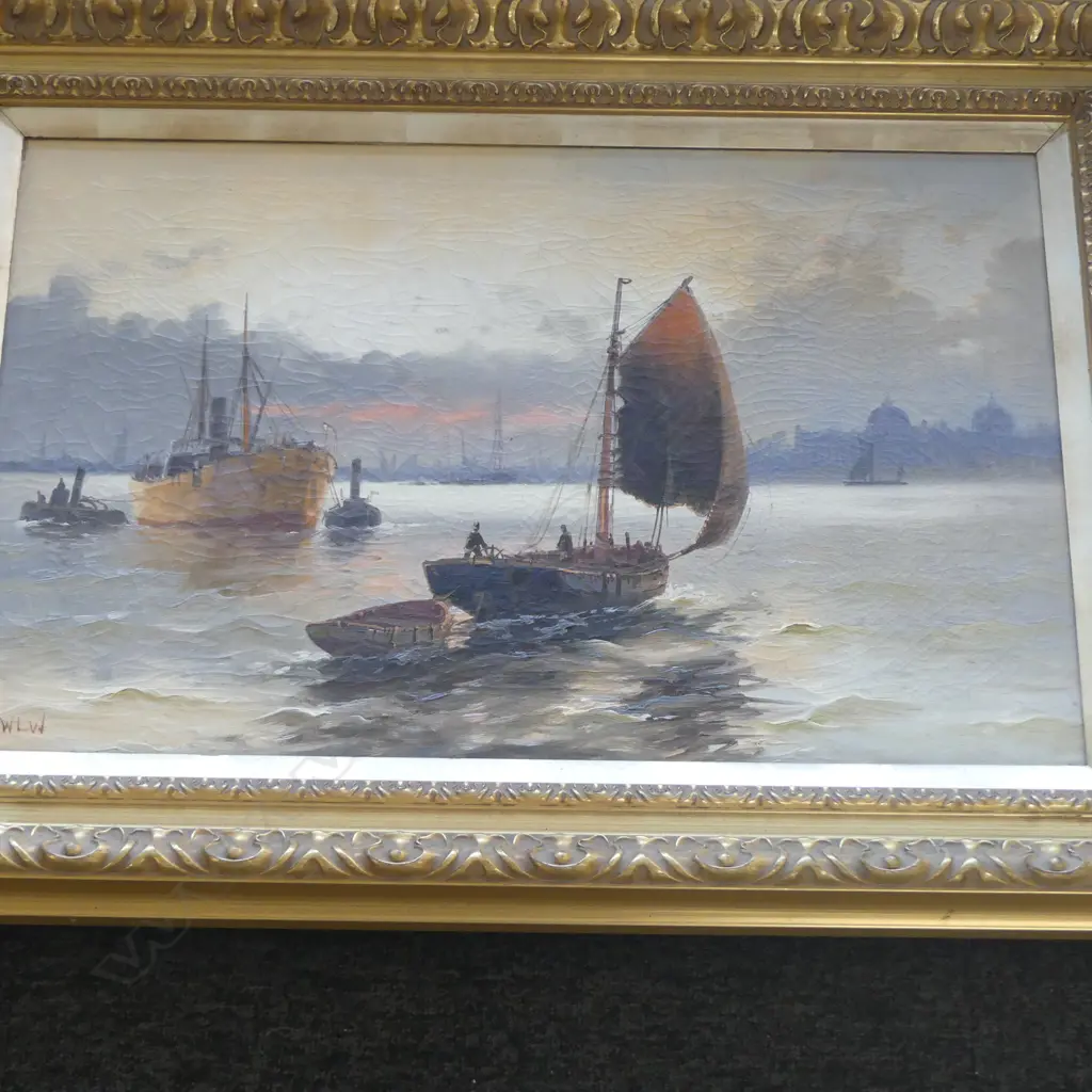 SIGNED W.LW, BOATS ON THE THAMES, OIL ON CANVAS, 400 X 600MM PLUS A.V OLDHAM, 'LAKE MANAPOURI' W/C, 370 X 620MM Image 1++