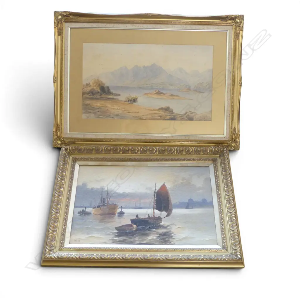 SIGNED W.LW, BOATS ON THE THAMES, OIL ON CANVAS, 400 X 600MM PLUS A.V OLDHAM, 'LAKE MANAPOURI' W/C, 370 X 620MM Image 1++