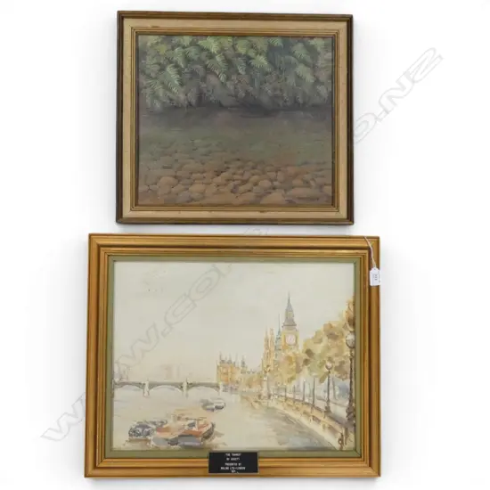 J. CHRISTENSEN, POOL WITH FERNS, OIL ON CANVASBOARD, SIGNED, 340 X 390MM & GOVETT 'THE THAMES' OIL ON CANVAS, 370 X 480M