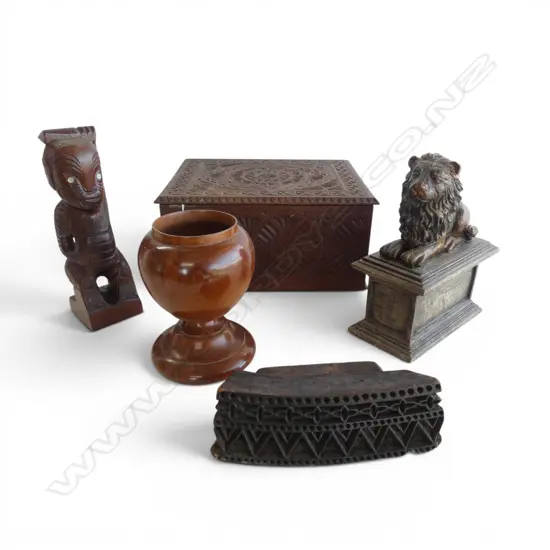 CHIP ART CARVED BOX L280MM MAORI CARVING H240MM BATIK PRESS L160MM LION ORN & WOOD BOWL