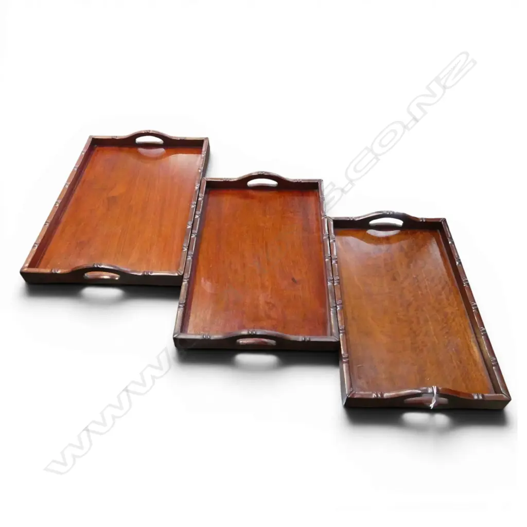 SET 3 CHINESE CARVED ROSEWOOD SERVING TRAYS DOVETAILED, L.410-465MM Image 1++