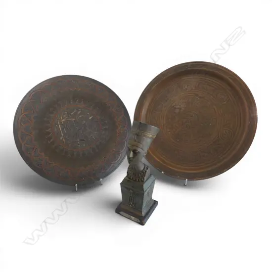 2 MIDDLE EASTERN METAL PLATES 330mm dia + BRASS BUST OF NEFERTITI H.210mm