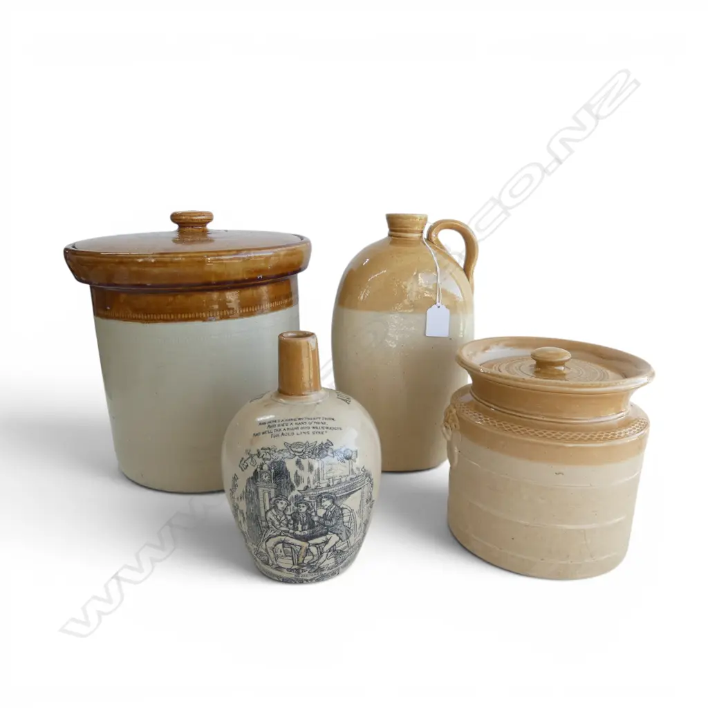 4 c.1900 STONEWARE with brown glaze ITEMS: tall bottle H.295mm + whisky jug + lidded jar + lge lidded jar Image 1++