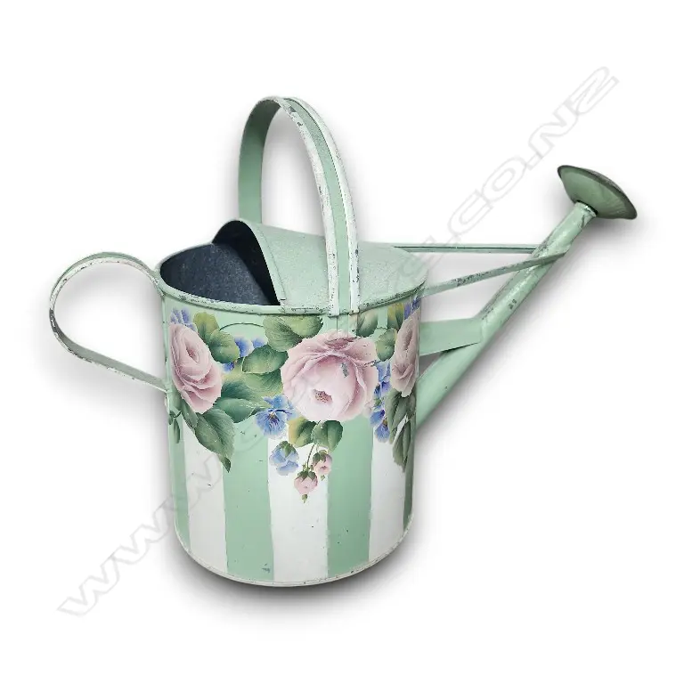 GREEN AND WHITE STRIPED METAL WATERING CAN FEATURES HAND-PAINTED PINK ROSE FLORAL DETAILS 400H mm Image 1++
