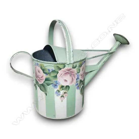GREEN AND WHITE STRIPED METAL WATERING CAN FEATURES HAND-PAINTED PINK ROSE FLORAL DETAILS 400H mm