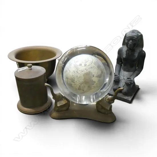 ORIENTAL REVERSE PAINTED ART GLASS BALL ON STAND H.165mm, EGYPTIAN FIGURE, BRASS BOWL & LIDDED CONTAINER