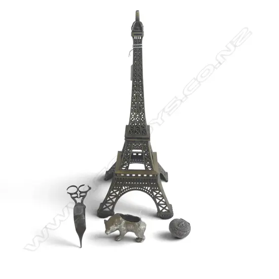 METAL EIFFEL TOWER H390MM PR CANDLE SNUFFERS WMF POLAR BEAR L80MM & SMALL WHITE METAL SNUFF BOX DIA 40MM