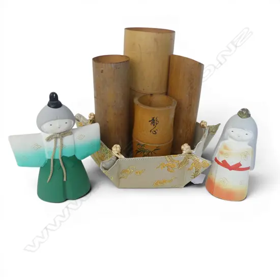 7 ORIENTAL PCES; 4 BAMBOO VASES, 2 CERAMIC FIGURES, FABRIC BASKET