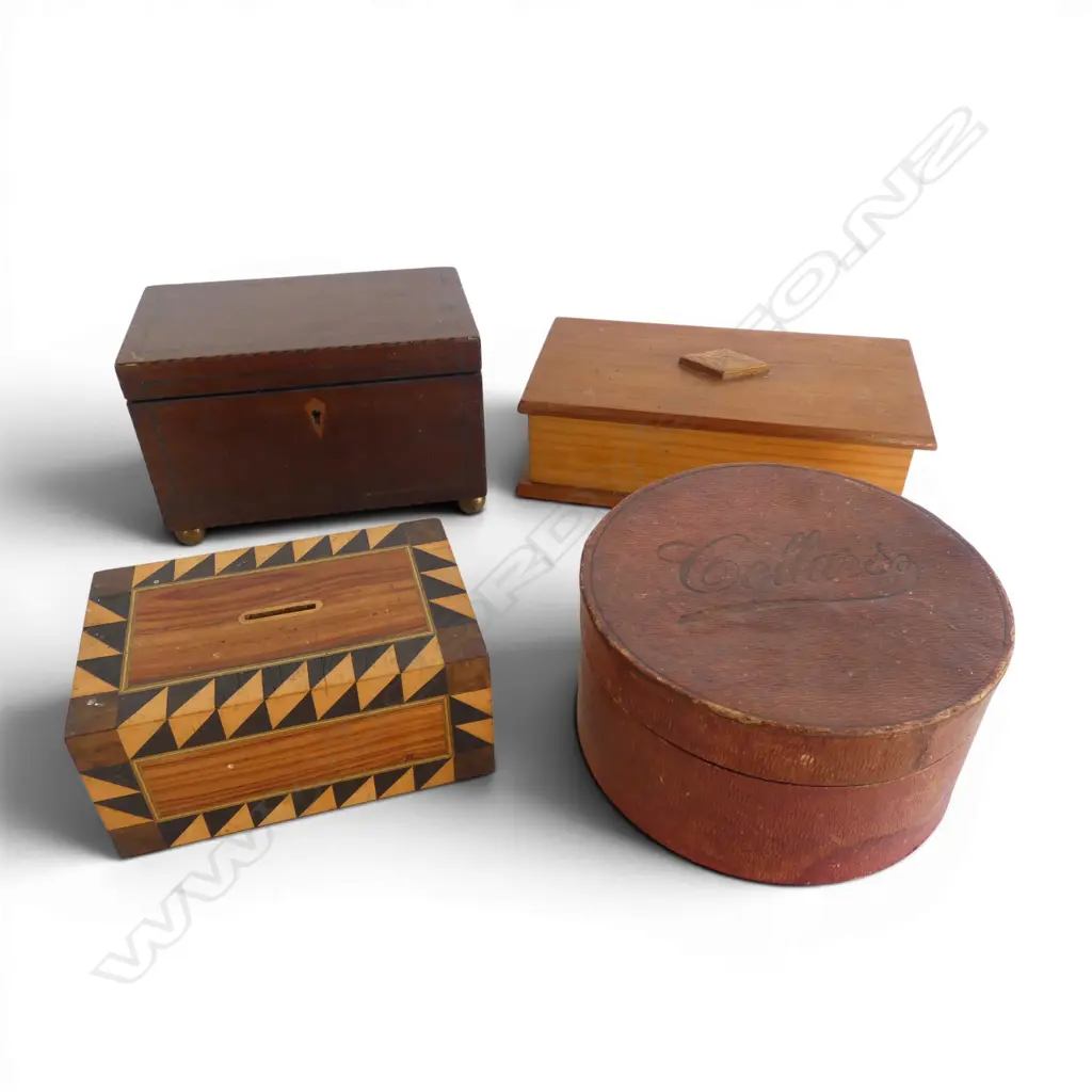 ANTIQUE TEA CADDY, DONATIONS BOX, N.Z. TIMBER BOX & VINTAGE CALLASS CONTAINER Dia.190mm some faults Image 1++