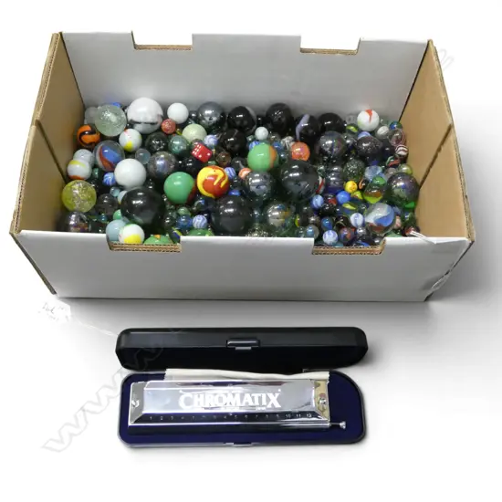 ASST. GLASS MARBLES + CASED HARMONICA
