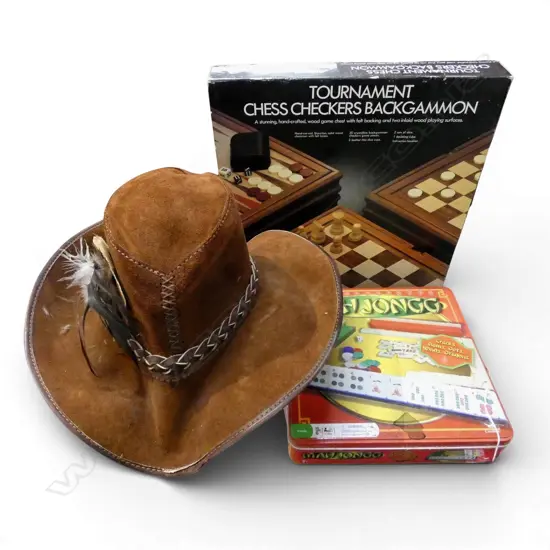 2 BOARD GAMES; BACKGAMMON, MAH JONG + HAT