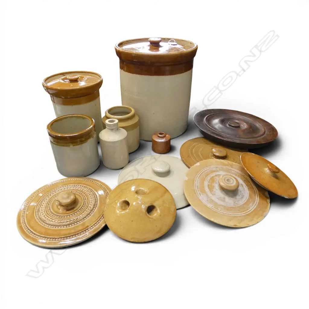 BOX C.1900 STONEWARE JARS & LIDS not all matching Image 1++