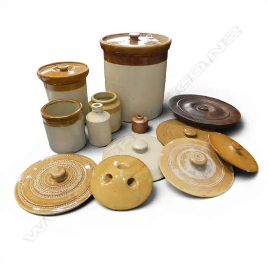 BOX C.1900 STONEWARE JARS & LIDS not all matching