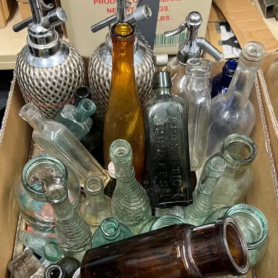 LGE BOX OF OLD GLASS BOTTLES many English named + coloured etc