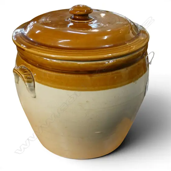 LARGE C.1900 STONEWARE LIDDED STORAGE JAR brown glaze to top. Lug handles. Dia.330mm