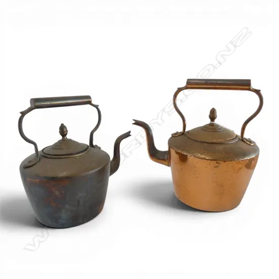 2 VICTORIAN COPPER KETTLES with acorn finials