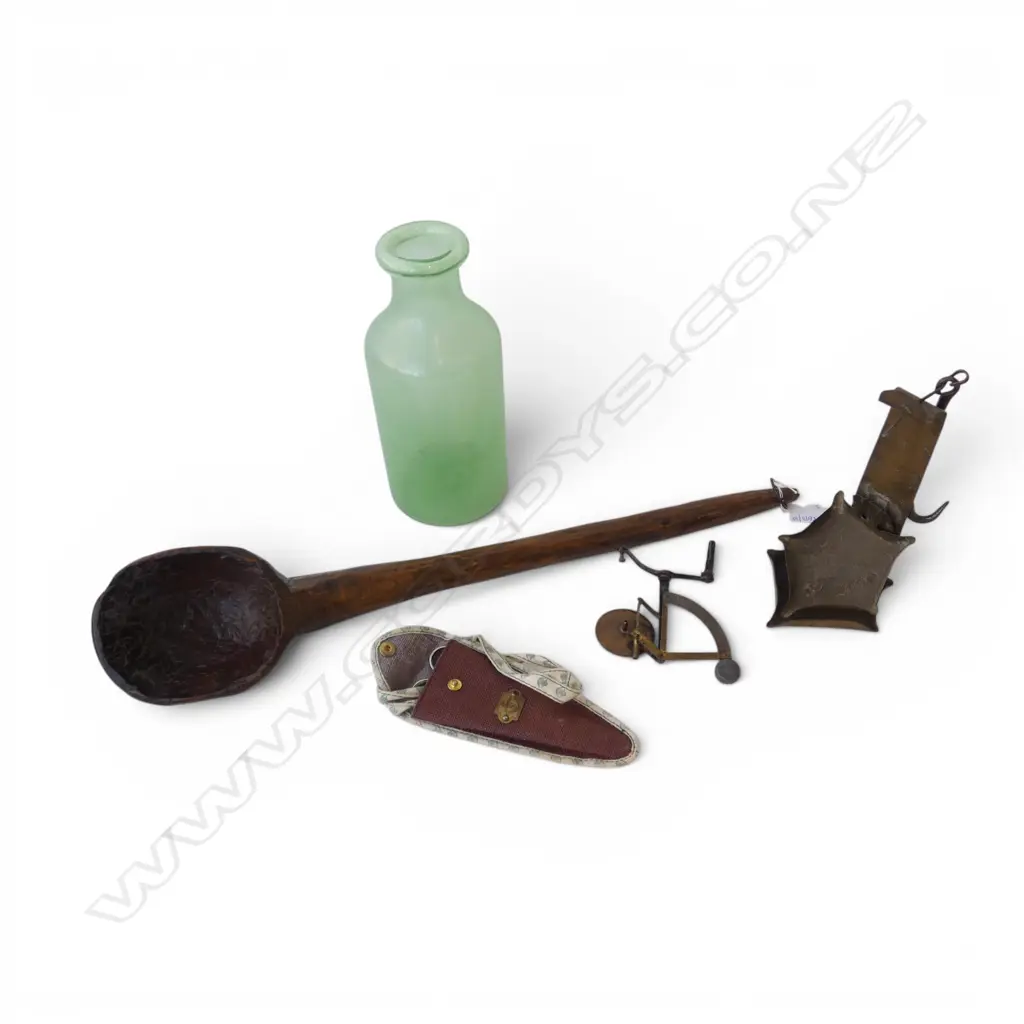 5 PCES; GLASS BOTTLE H.250mm, WOODEN SPOON L.605mm, POST SCALES, SCISSORS, OTHER Image 1++