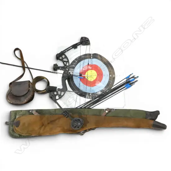 SPG CROSSBOW, ARROWS, LEATHER BELT & BAG, 2 CANVAS GUN BAGS