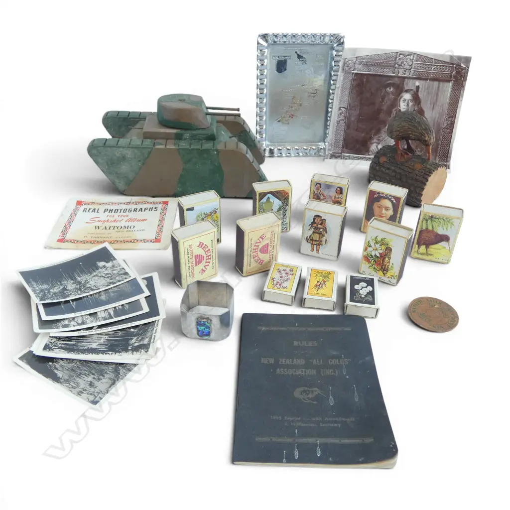 NZ ITEMS WOODEN TANK, KIWI, DISH, MATCHBOXES, WAITOMO PHOTOS ETC Image 1++