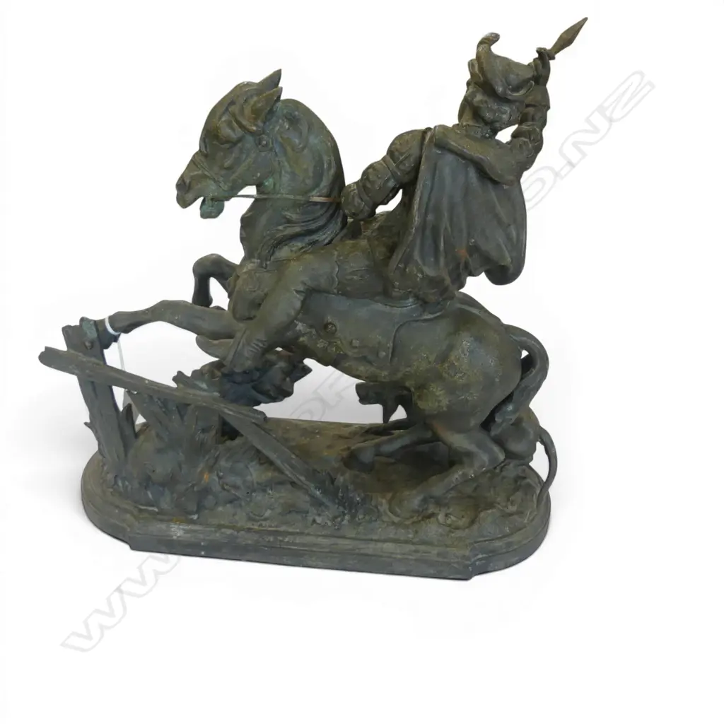 SPELTER FIGURE; MAN ON HORSEBACK HUNTING WILD BOAR H.300mm Image 1++