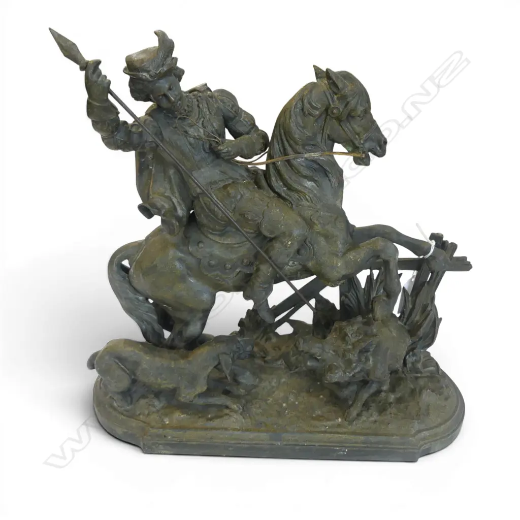 SPELTER FIGURE; MAN ON HORSEBACK HUNTING WILD BOAR H.300mm Image 1++