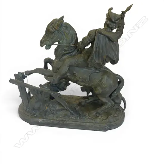 SPELTER FIGURE; MAN ON HORSEBACK HUNTING WILD BOAR H.300mm