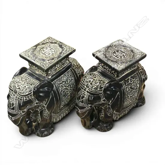 PR VINTAGE BLACK AND WHITE CERAMIC ELEPHANT GARDEN STOOL 540L x 440H mm
