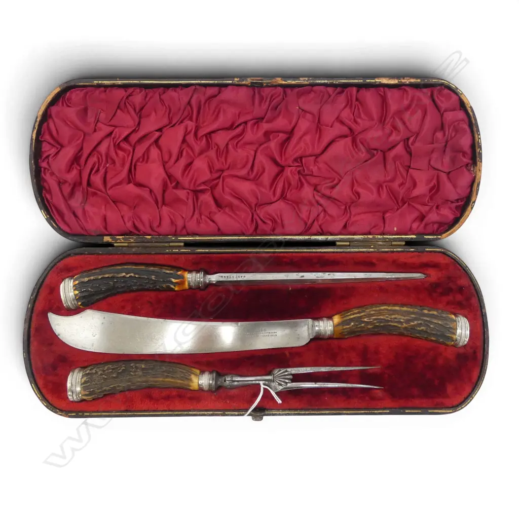 ANTIQUE CARVING SET w. HORN HANDLES & STG SILVER TRIM, BOXED W.415mm Image 1++