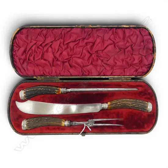 ANTIQUE CARVING SET w. HORN HANDLES & STG SILVER TRIM, BOXED W.415mm