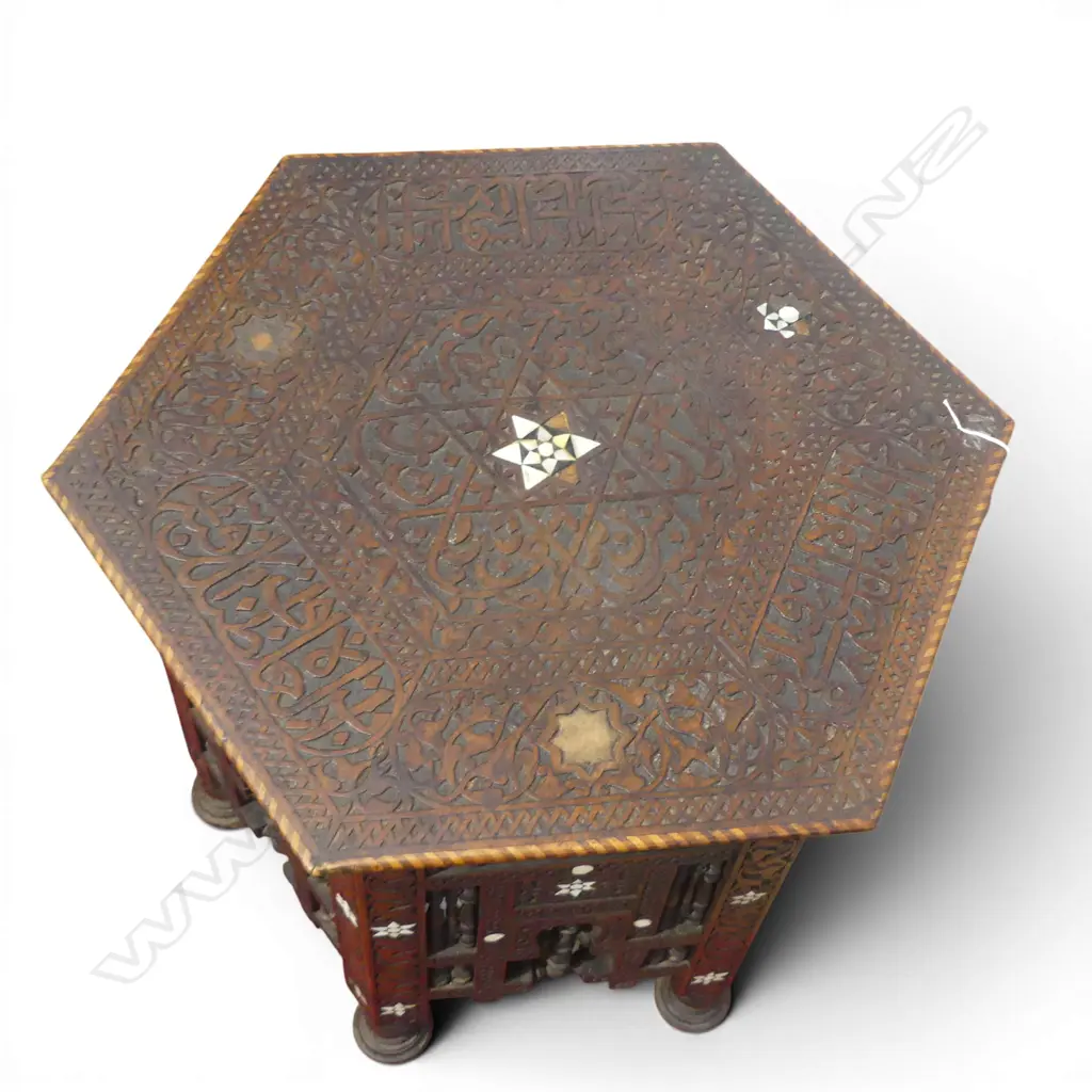 IMPRESSIVE MOROCCAN CARVED & INLAID MOP TABLE some inlay missing 590x700mm Image 1++