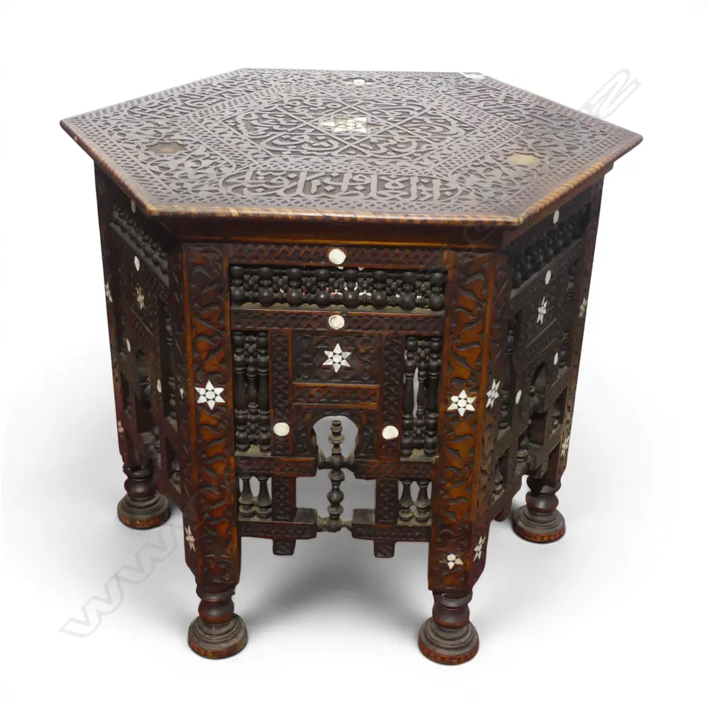 IMPRESSIVE MOROCCAN CARVED & INLAID MOP TABLE some inlay missing 590x700mm Image 1++