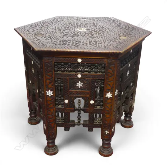 IMPRESSIVE MOROCCAN CARVED & INLAID MOP TABLE some inlay missing 590x700mm