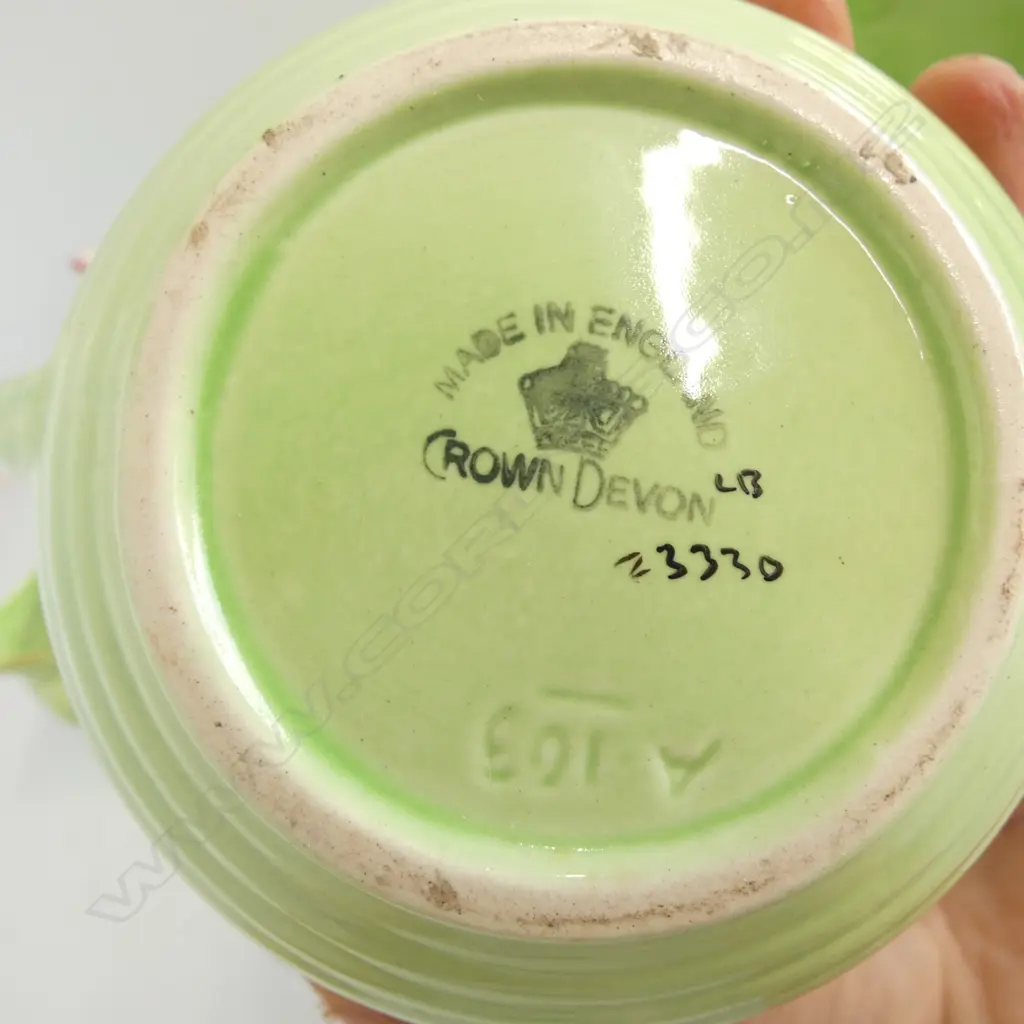 3PCS GREEN C/DEVON CHINA LIDDED BOWL JUG & BASKET L160MM & MALING BOWL DIA200MM  WITH SPOON Image 1++