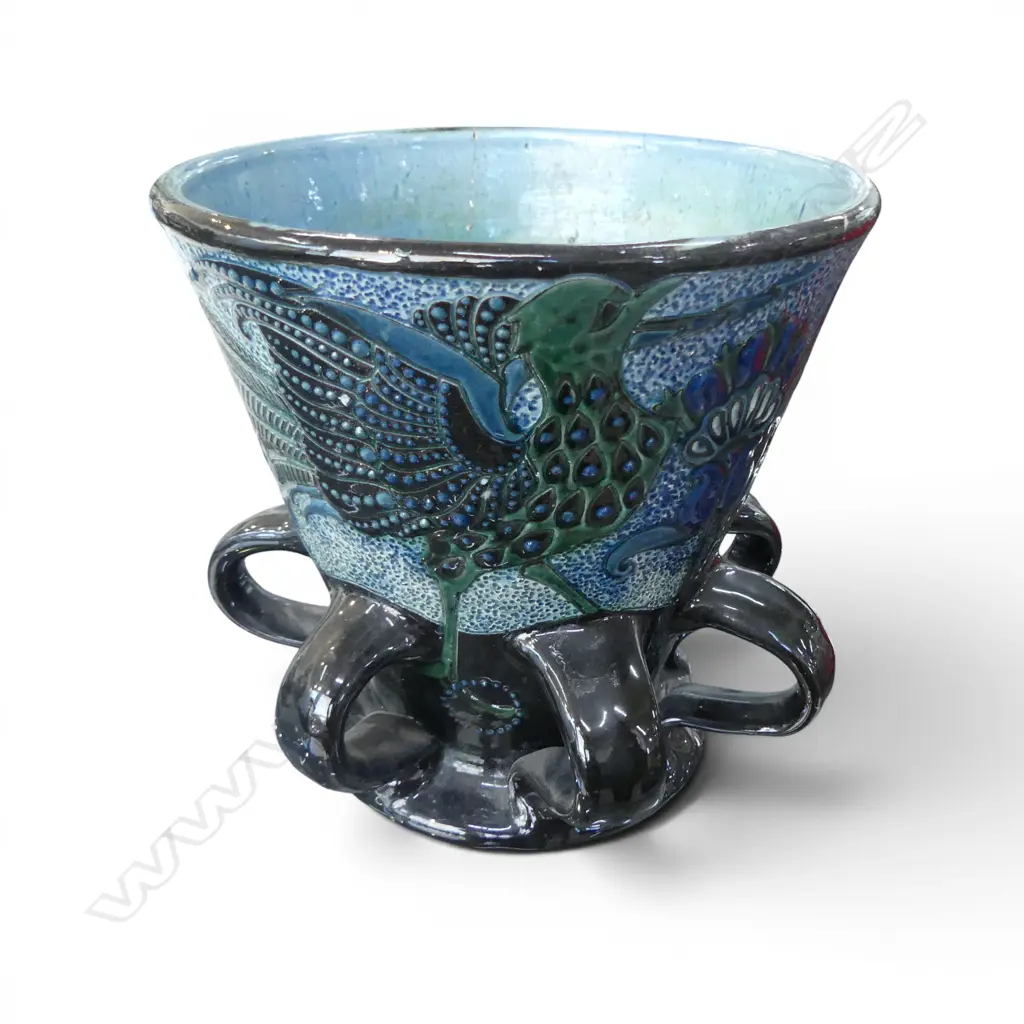 C H BRANNAM BARUM BRITISH ART POTTERY c.1890 PEACOCK VASE with crack. Incised marks. H.180mm Image 1++