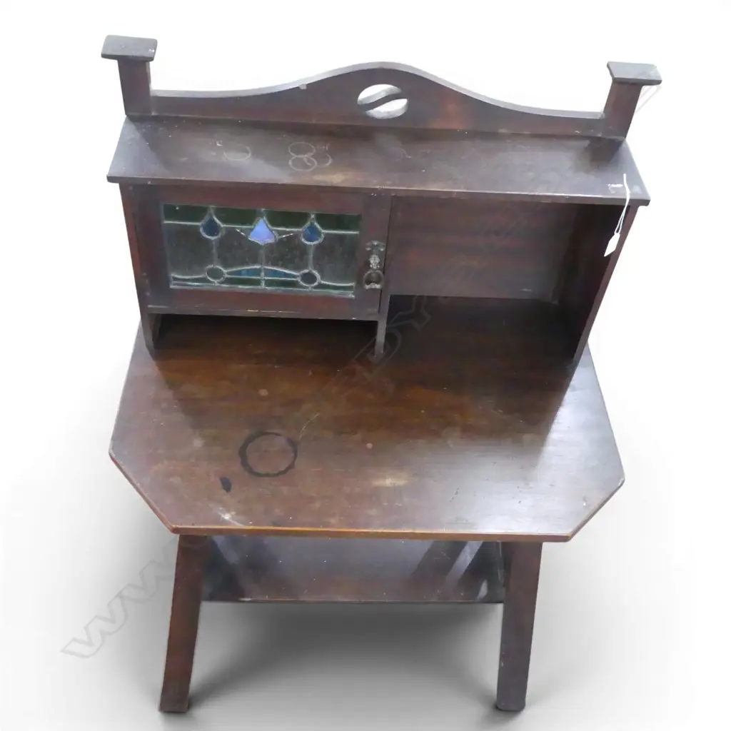 ARTS & CRAFTS TABLE CABINET crack to glass, top marks 765x500x1150mm Image 1++