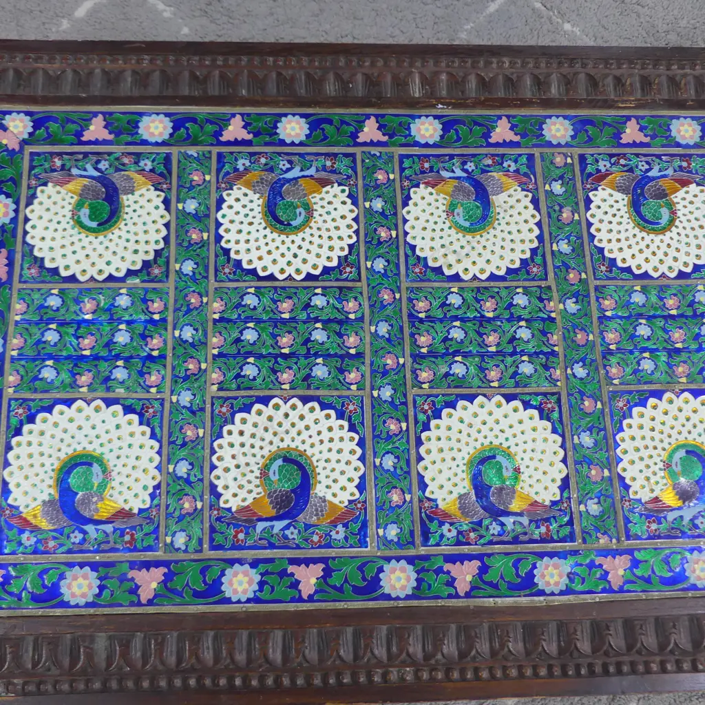 WOODEN COFFEE TABLE, INSET METAL PANEL w. PEACOCK DESIGN 950x545x425mm Image 1++