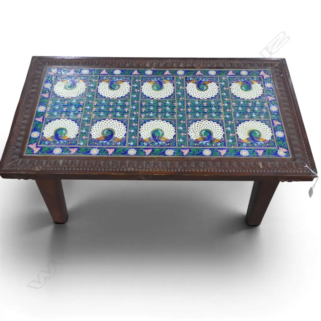 WOODEN COFFEE TABLE, INSET METAL PANEL w. PEACOCK DESIGN 950x545x425mm Image 1++