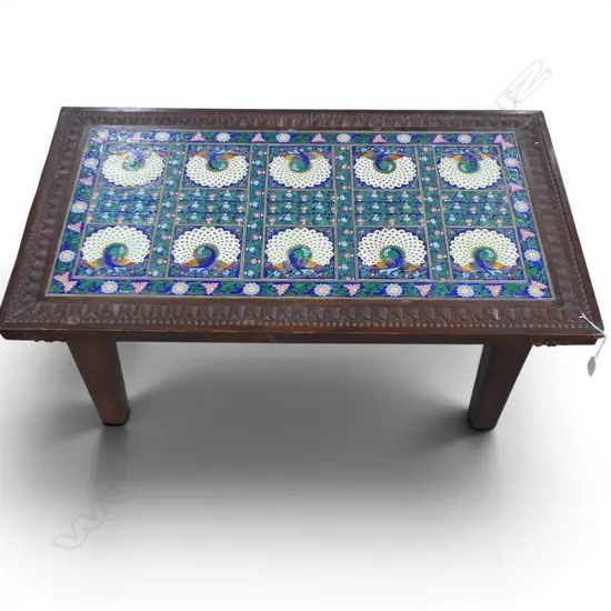 WOODEN COFFEE TABLE, INSET METAL PANEL w. PEACOCK DESIGN 950x545x425mm