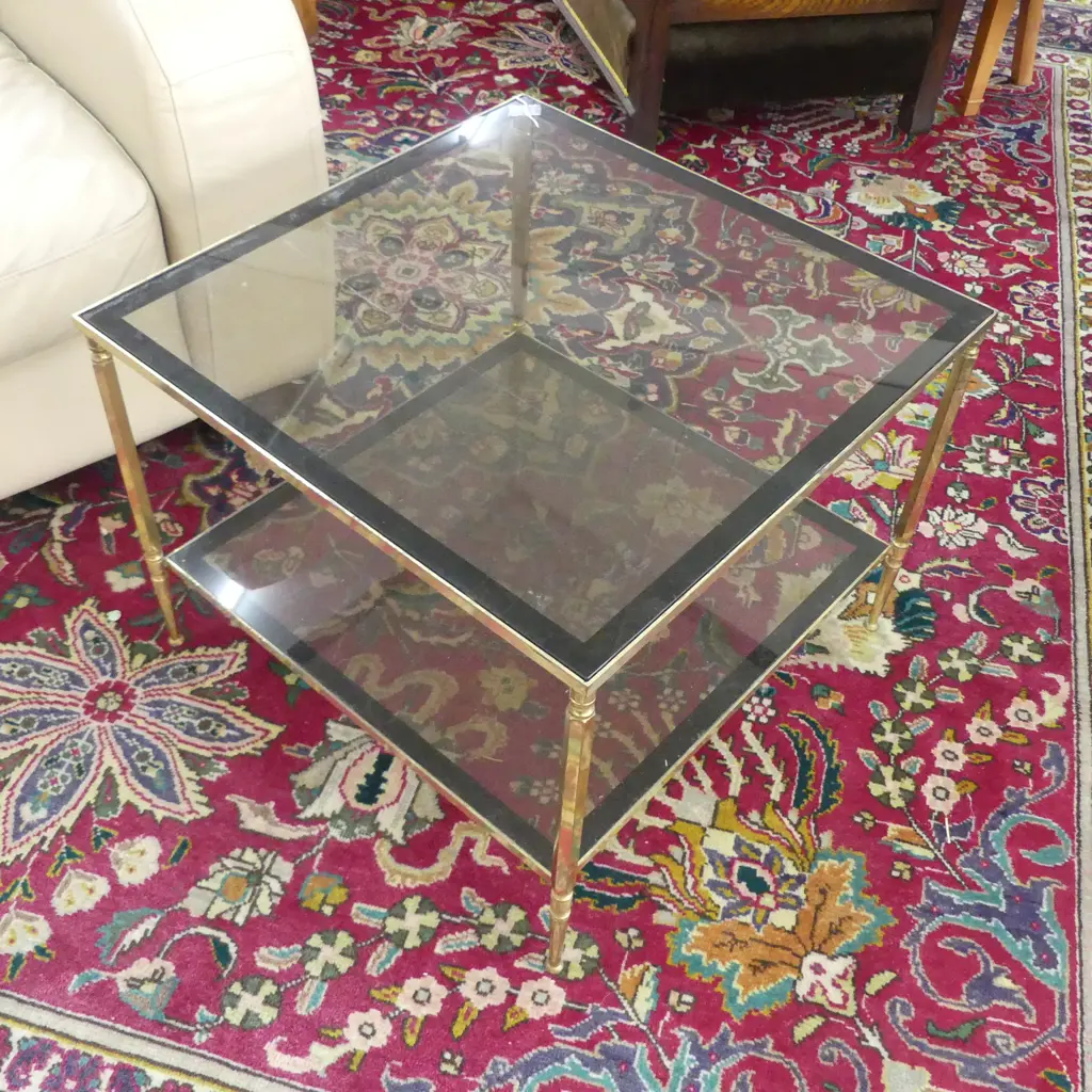 SIDE TABLE, BRASS FRAME, 2 GLASS SHELVES 600x600x450mm Image 1++