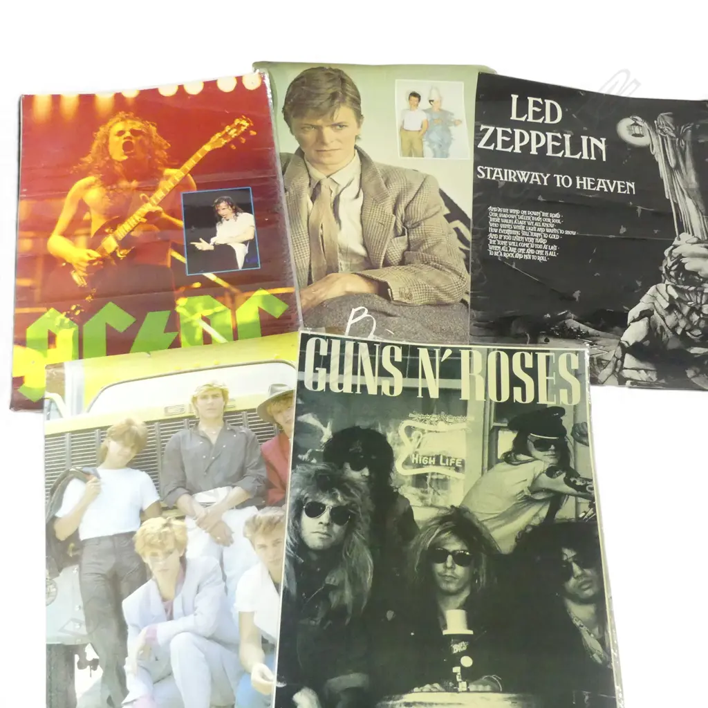 5 1980s ROCK POSTERS, H.900x600mm, LED ZEPPELIN, AC/DC, GUNS 'N ROSES, BOWIE, DURAN DURAN Image 1++