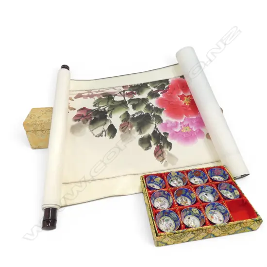 ORIENTAL SCROLL & 11 CUPS, BOTH BOXED