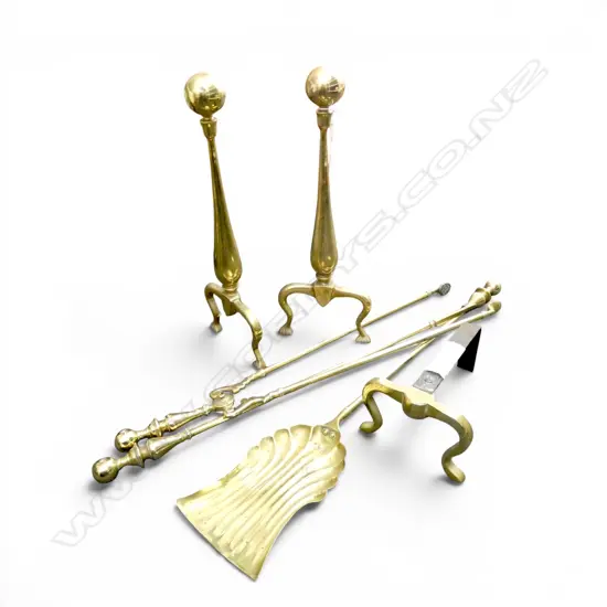 5 BRASS FIRE TOOLS; PR ANDIRONS, STAND, 3 TOOLS