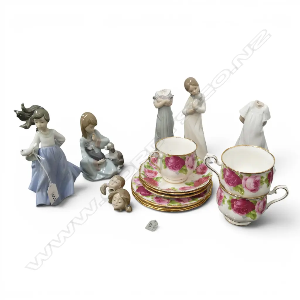 5 GIRL FIGURINES; 2 LLADRO (1 AF), 3 NAO GIRLS H.200mm (1 AF) + 3 ROYAL ALBERT OLD ENGLISH ROSE TRIOS Image 1++