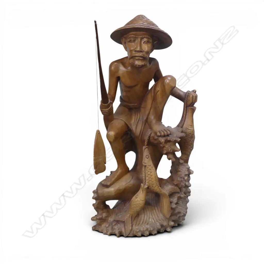 CARVED WOODEN ORIENTAL FISHERMAN H.500mm Image 1++
