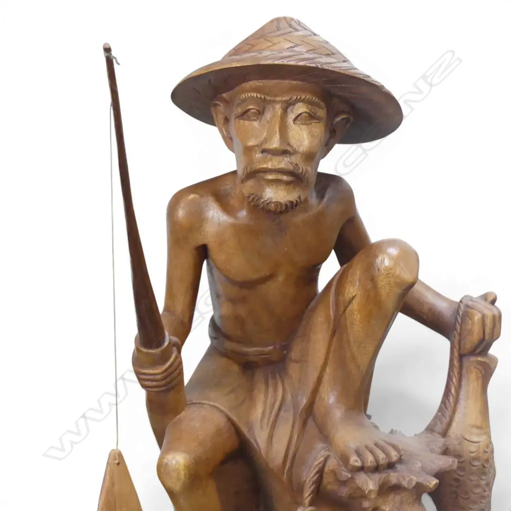 CARVED WOODEN ORIENTAL FISHERMAN H.500mm Image 1++